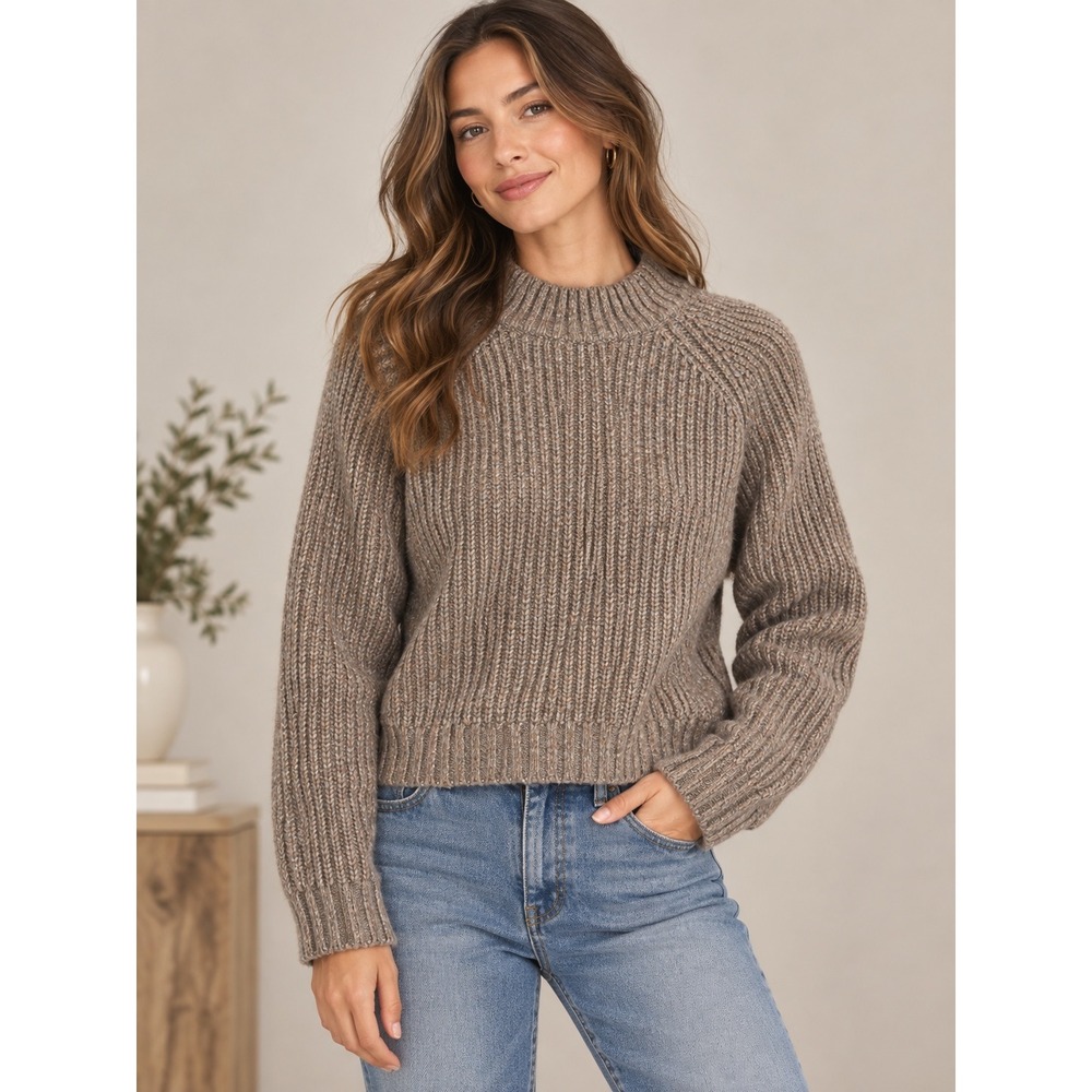 Mollusk California Merino Wool Alpaca Ribbed Mock Neck Sweater Brown Marl S